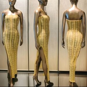 NWT Yellow Floral Lace Sheer Strapless Bodycon Side Split Ibiza Tube Dress Sz M